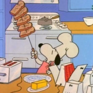 snoopy cartoon as a chef in a mess in the kitchen
