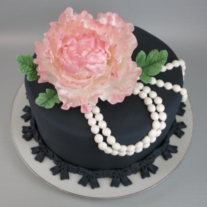 midnight blue fondant and pink peony with pearls cake  10-2015