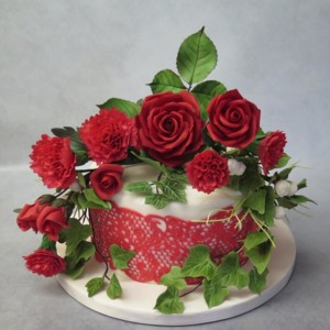 red rose, carnations, lace cake 10-21-2016