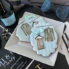 Three Foreground Elements on Pinstripe Background, Plus Fondant Bowtie!: Cookies and Photo by Julia M Usher; Stencils Designed by Julia M Usher with Confection Couture Stencils