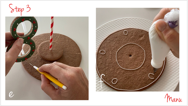 Step 3e and 3f - Place Tree Part Cookie and Score a Mark: Outline Cookie and Pipe a Oval Around EAch of the Marks