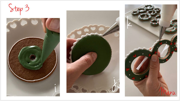 Step 3i to 3k - Outline, Flood and Pipe Border on the Medium Round Cookie: Pipe Border on Half of Tree Part Cookie
