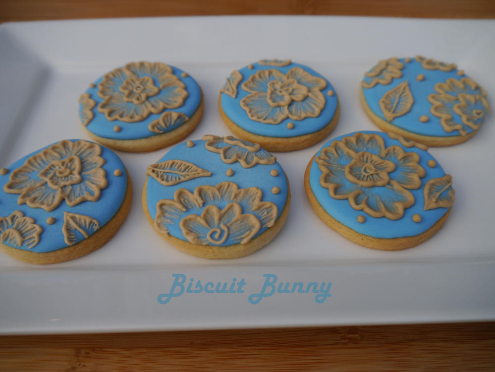 Blue brush embroidered cookies