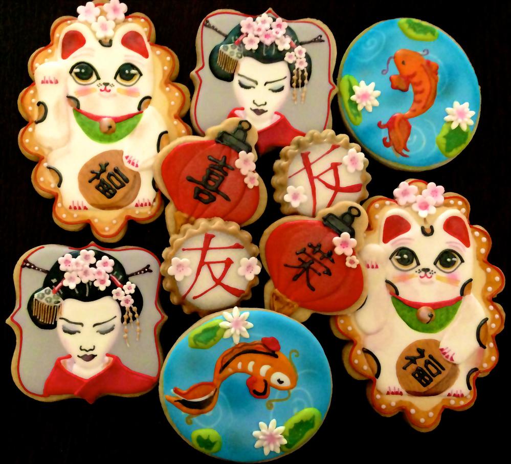 Fortune Cat, Geisha, Koi Pond, and Chinese Lantern Cookies