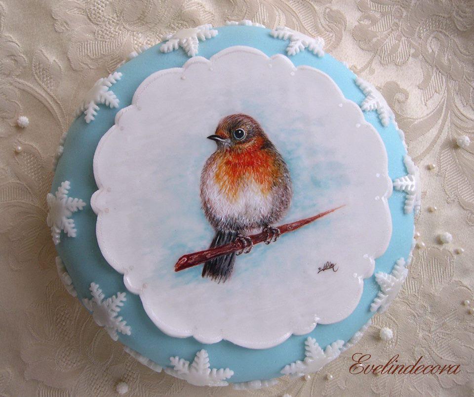 Winter cake - handpainted robin