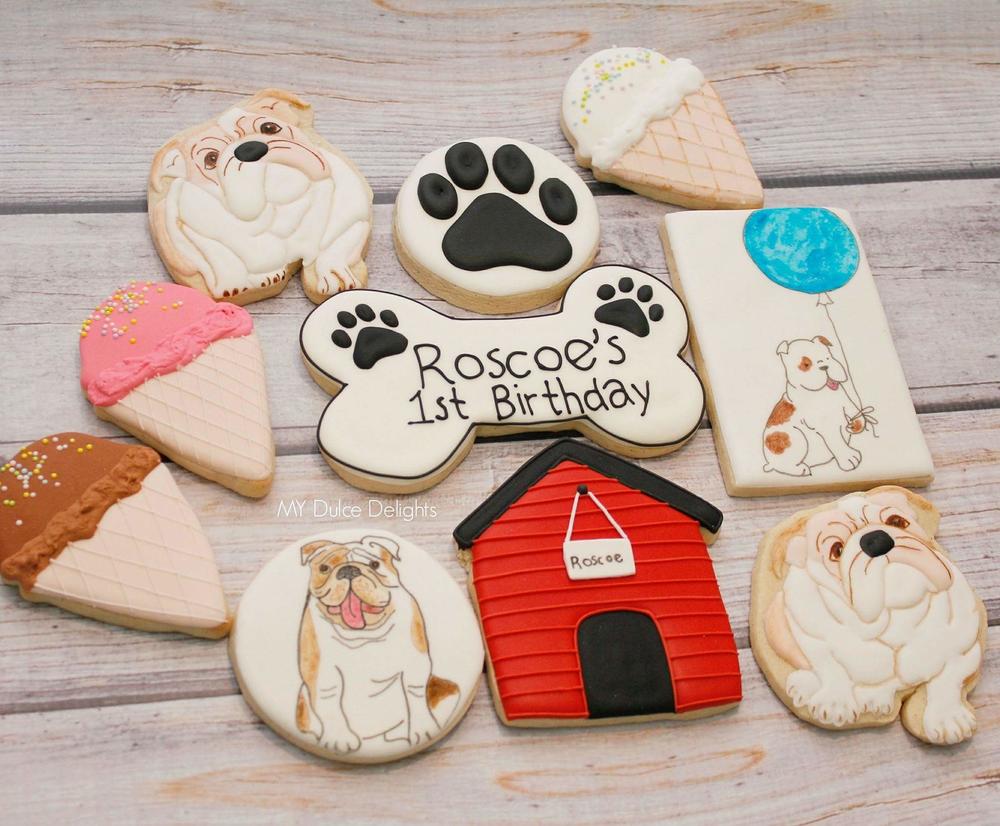 Bulldog first birthday cookies