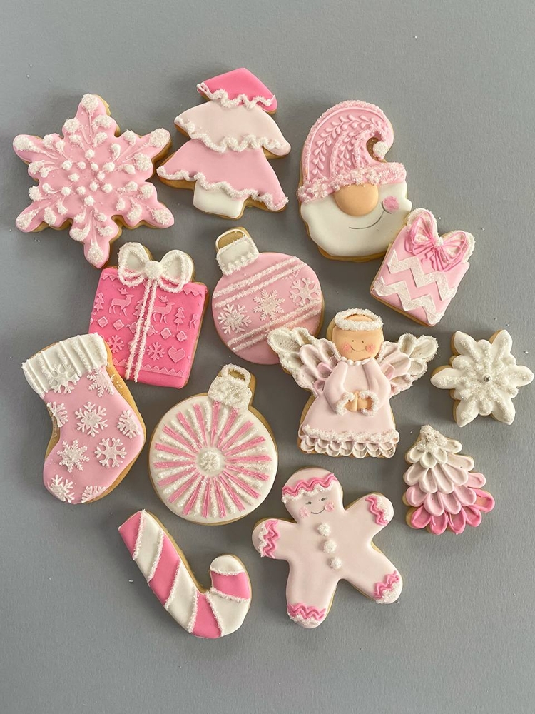 Pink Christmas Royal Icing Decorated Cookies